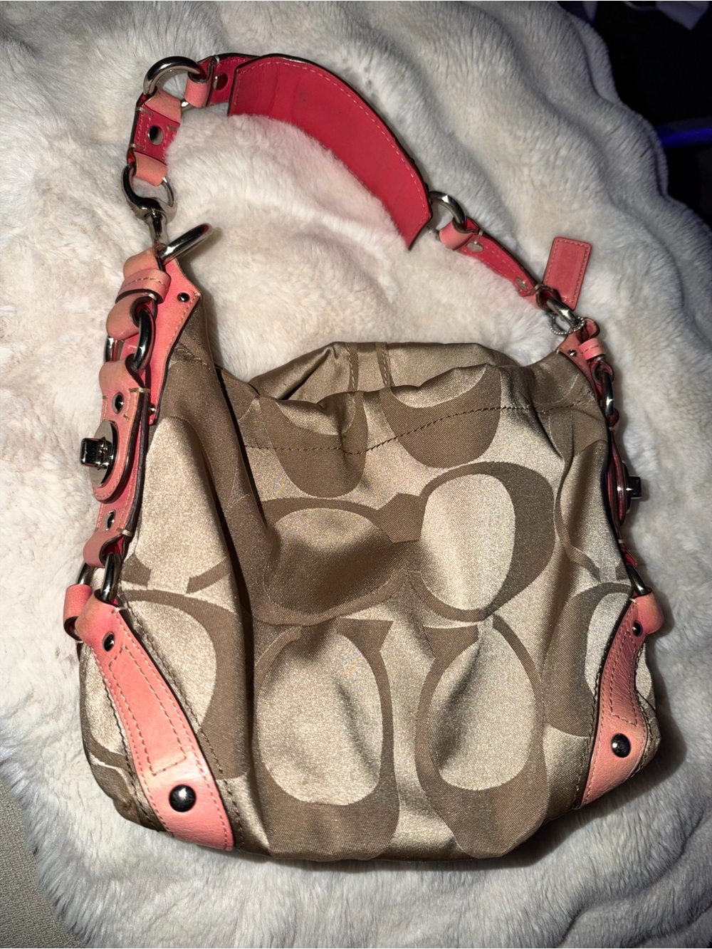 Coach Tan Signature Shoulder Bag with Pink Trim